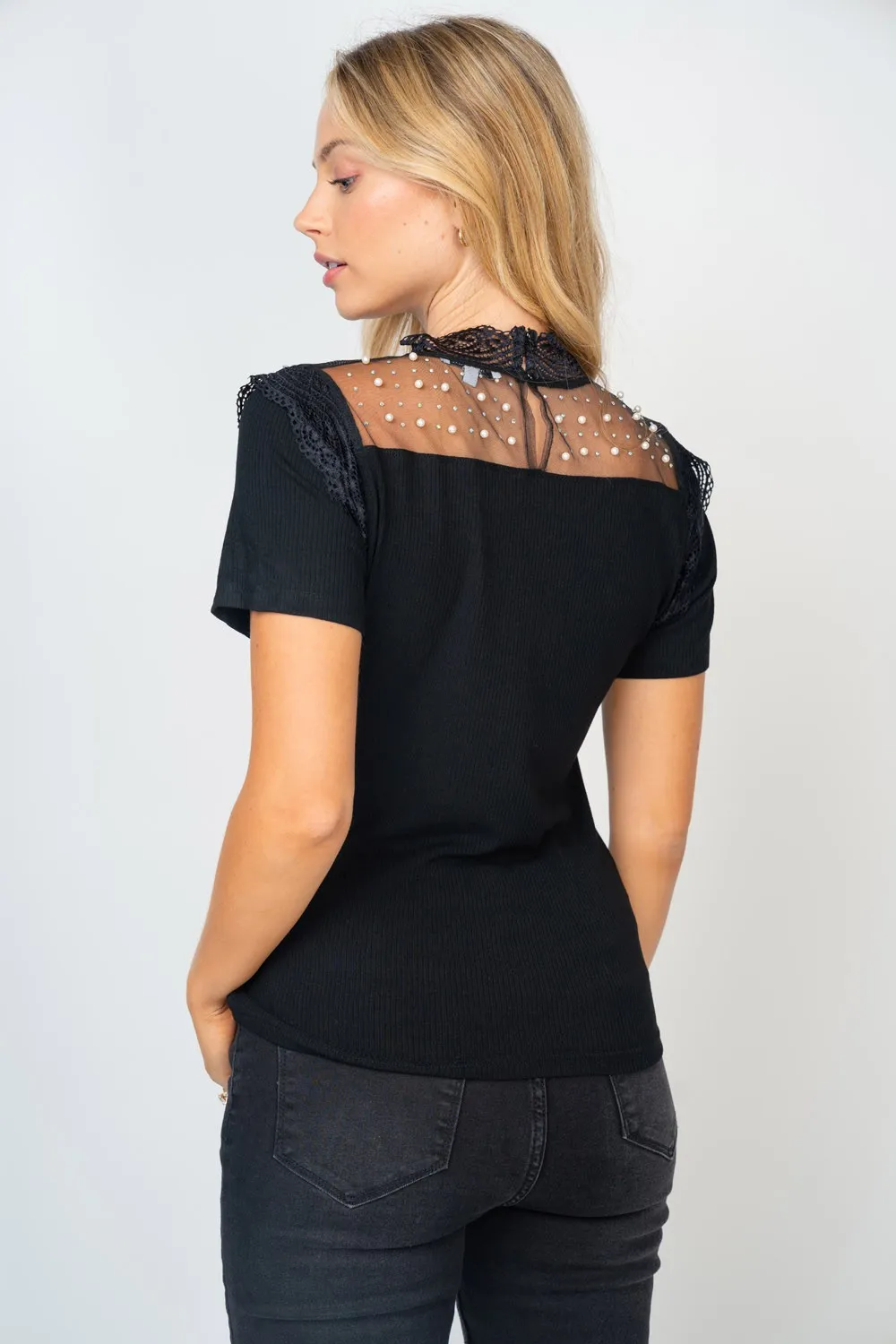 Mesh Pearl Detail Short Sleeve T-Shirt, image 2