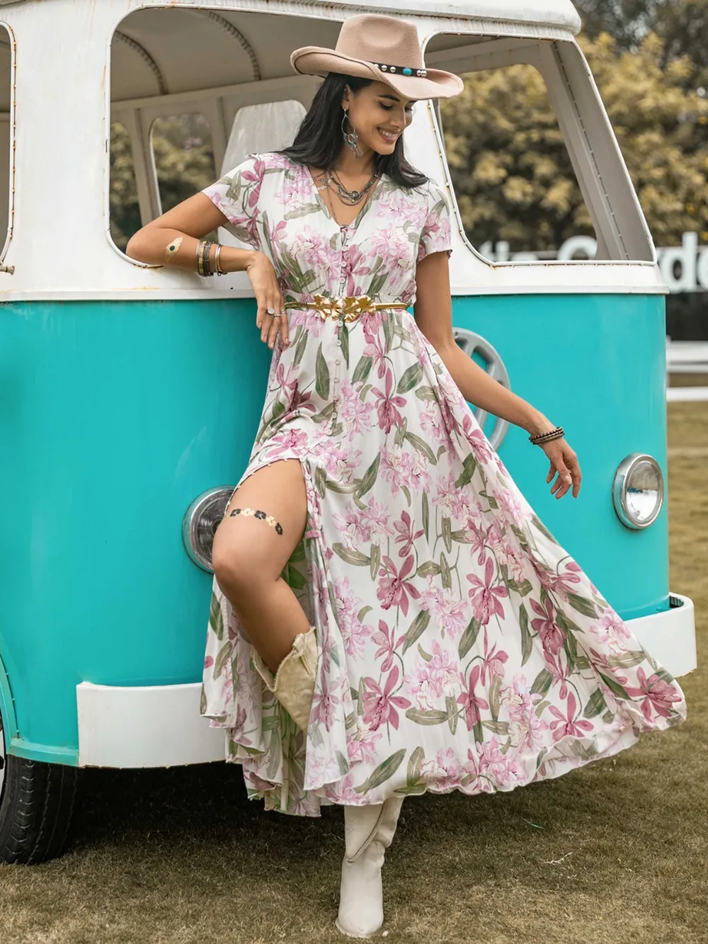 Floral V-Neck Slit Dress, image 4
