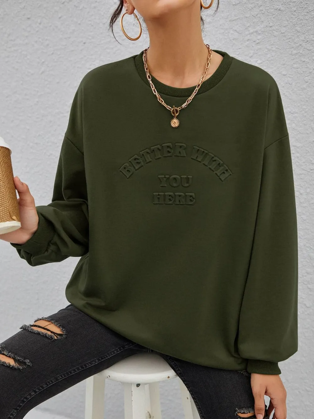 Stereoscopic Letter Round Neck Long Sleeve Sweatshirt, image 4