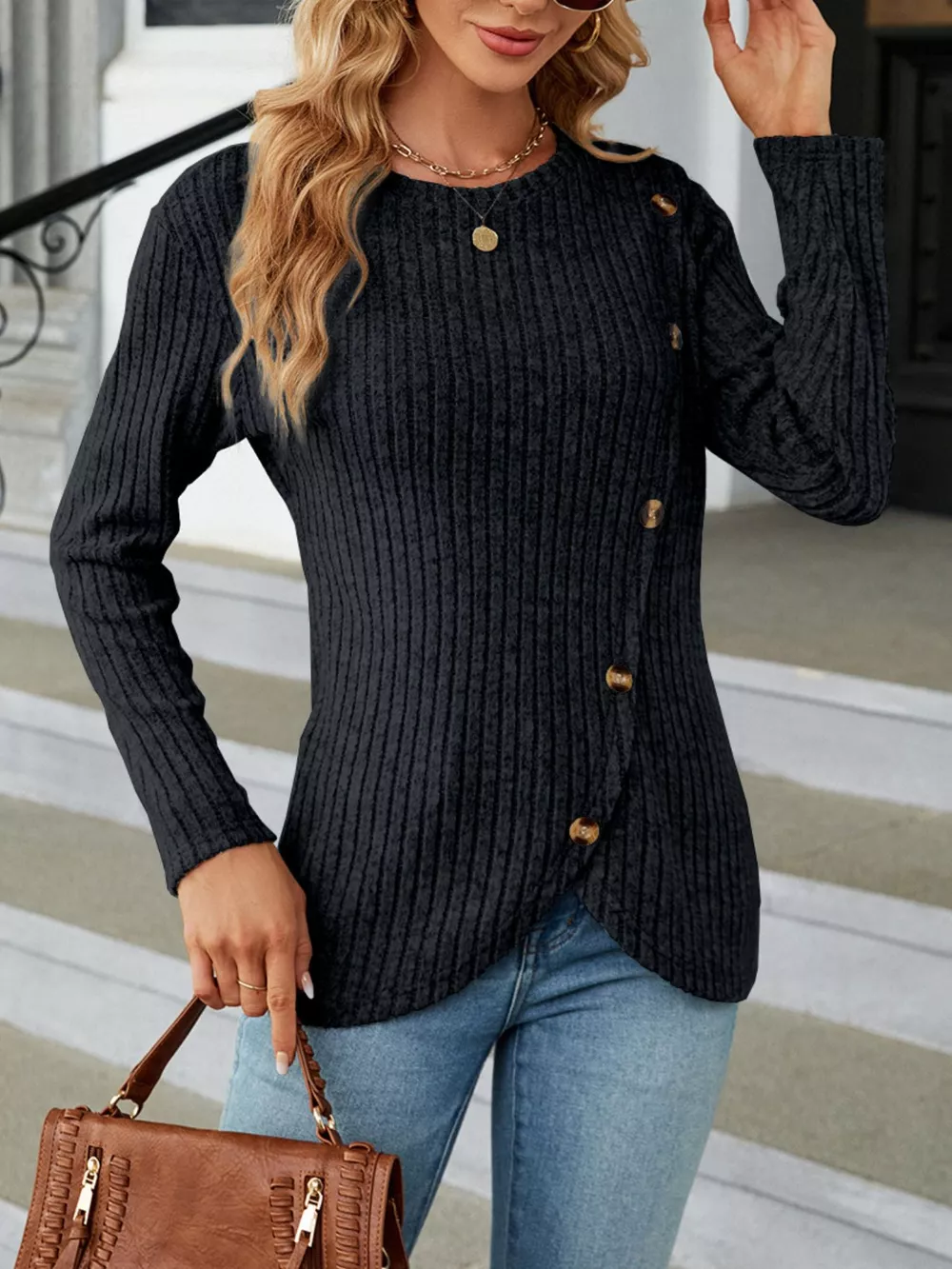 Ribbed Knit Decor Button T-Shirt, image 17