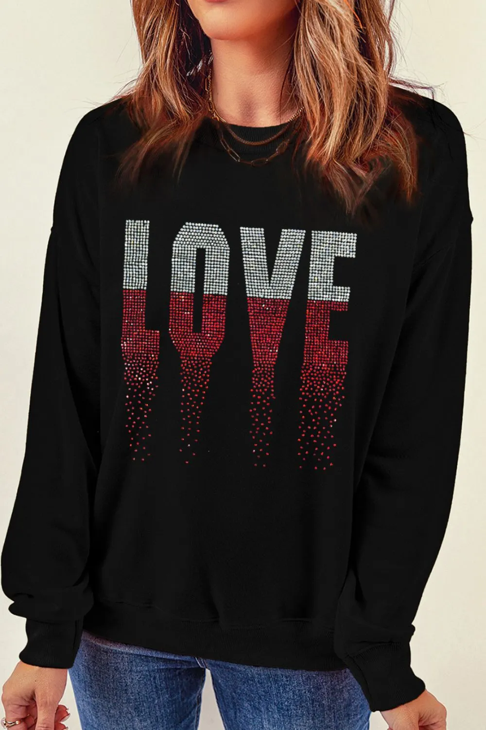 Rhinestone LOVE Round Neck Long Sleeve Sweatshirt, image 6