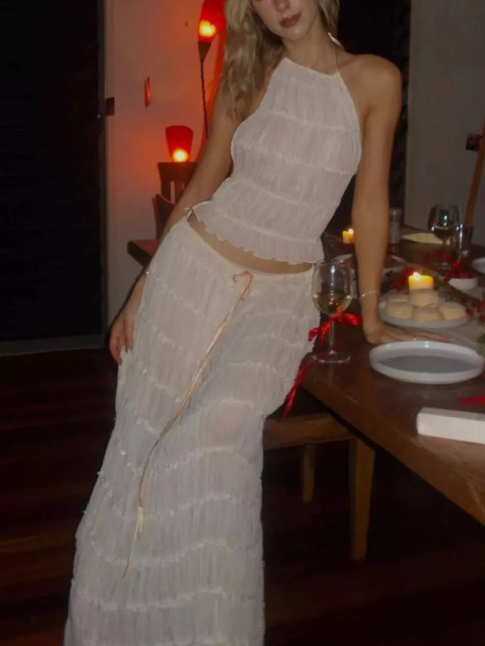 Boho Chic Ruffled Halter Crop Top and Maxi Skirt Set, image 7