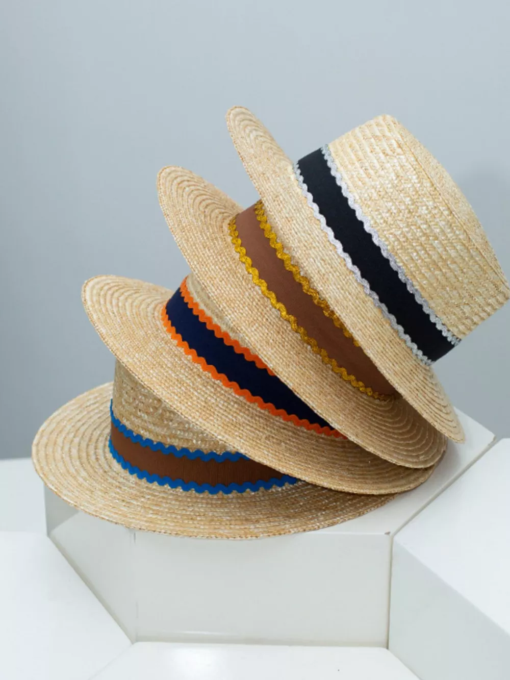 Straw Boater Hat with Decorative Band, image 3