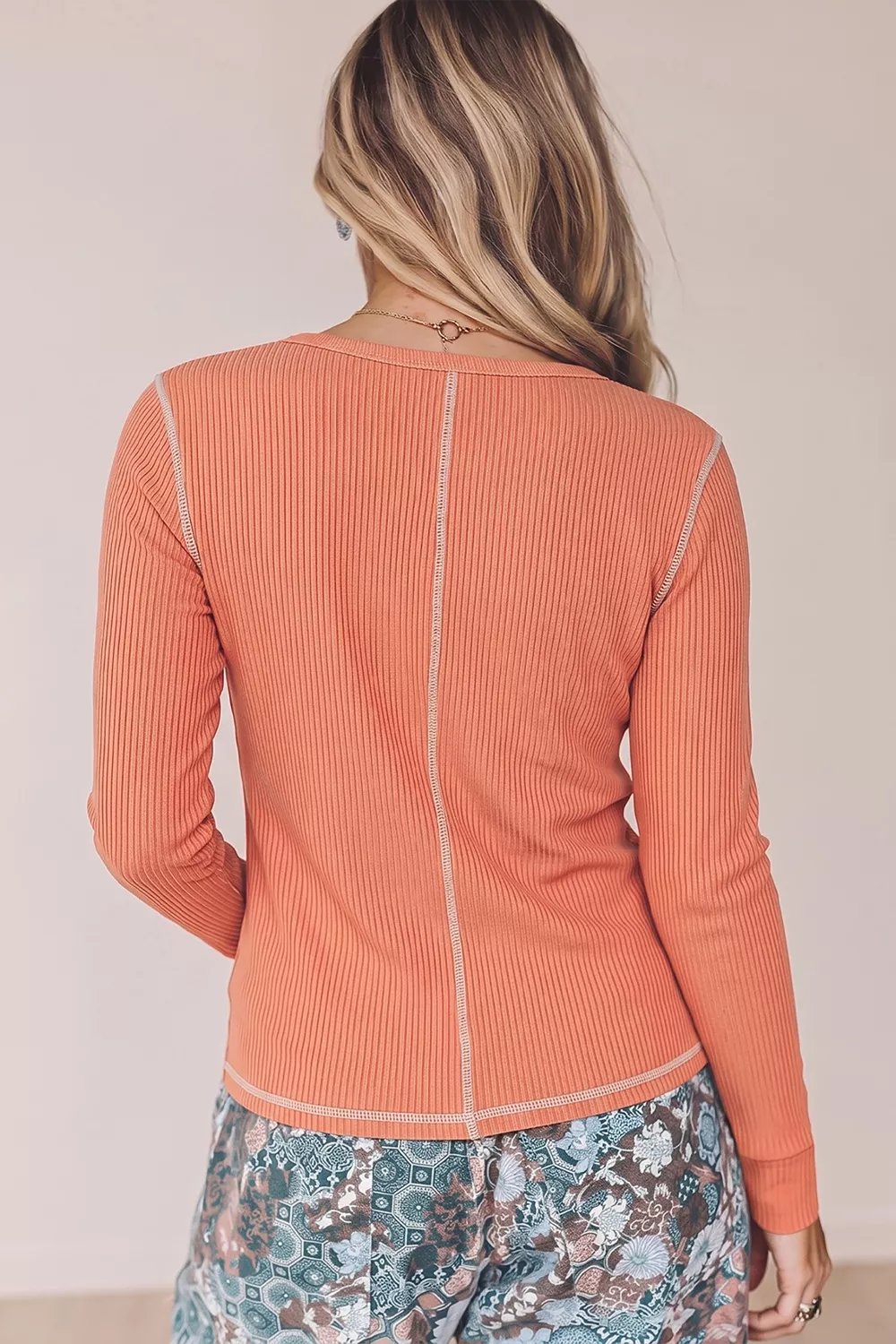 V Neck Ribbed Stitched Detail Long Sleeve Top, image 2