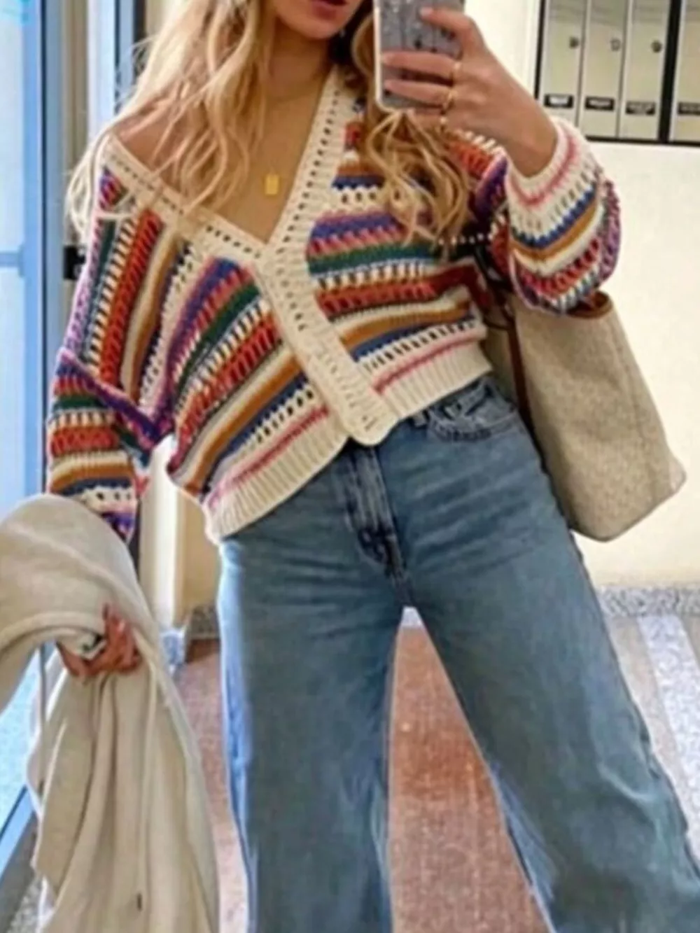 Striped Crochet Knit Cardigan, image 3