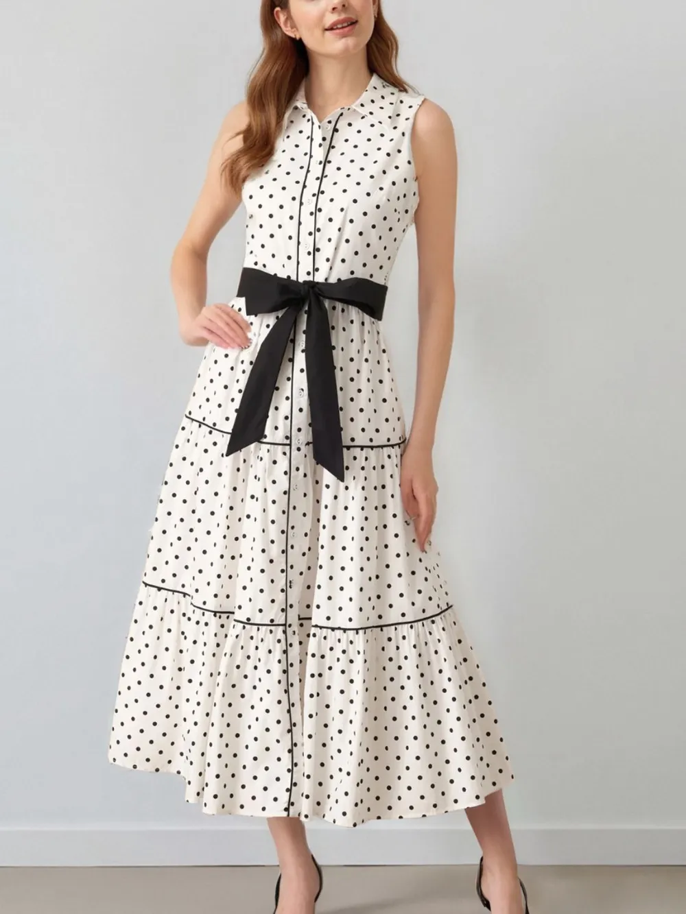 Polka Dot Sleeveless Midi Shirt Dress