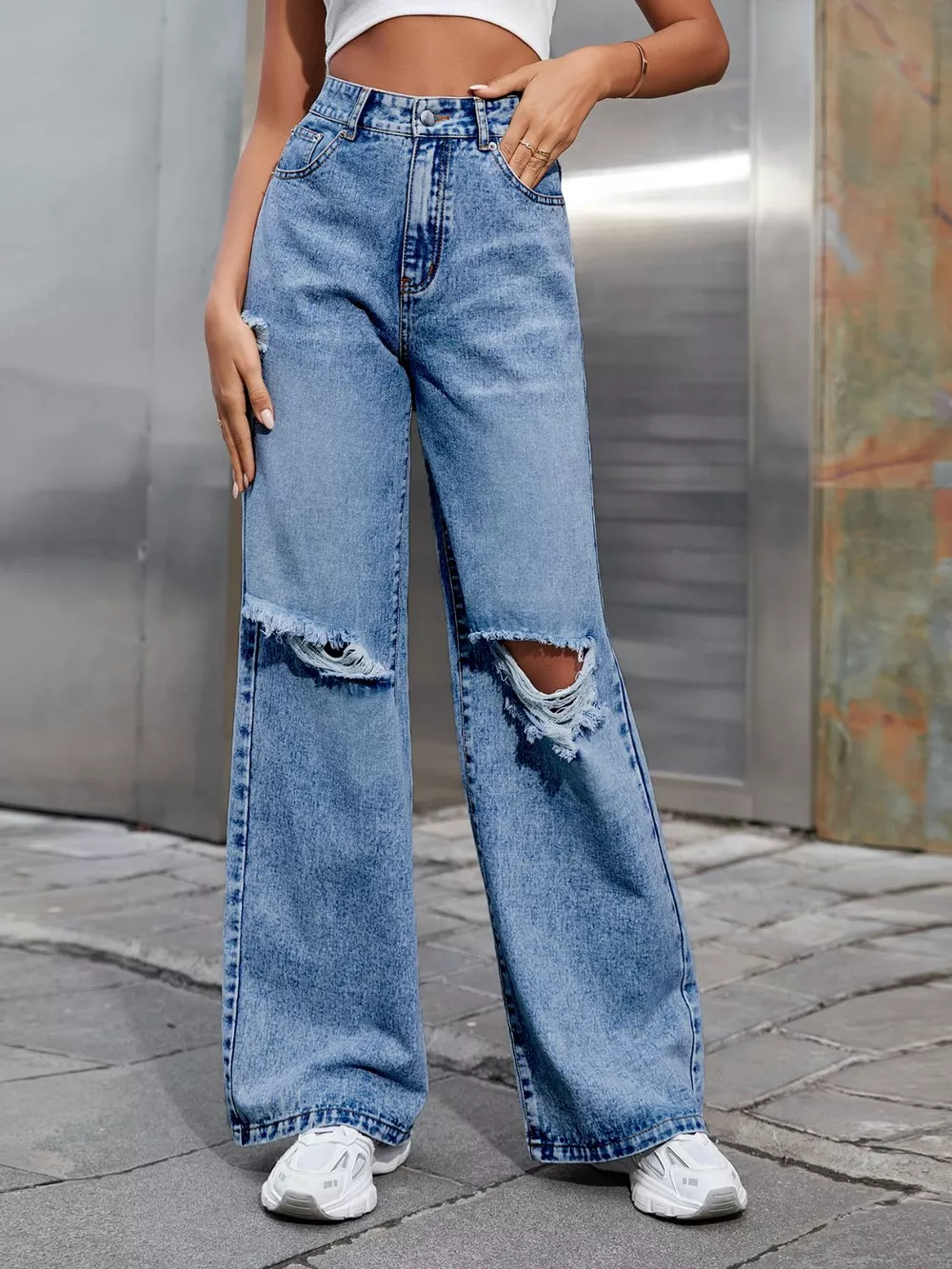 Distressed Wide Leg Jeans with Pockets, image 5