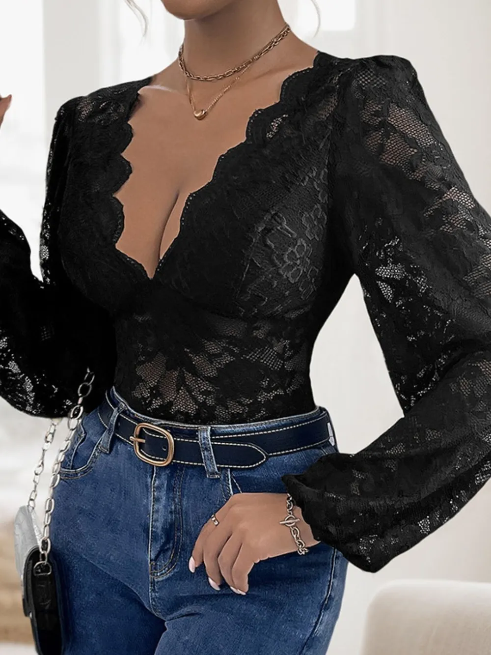 Lace Plunge Long Sleeve Bodysuit, image 5