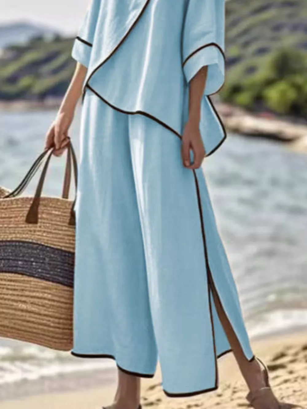 Full Size Contrast Trim Top and Wide Leg Pants Set Plus Size, image 9