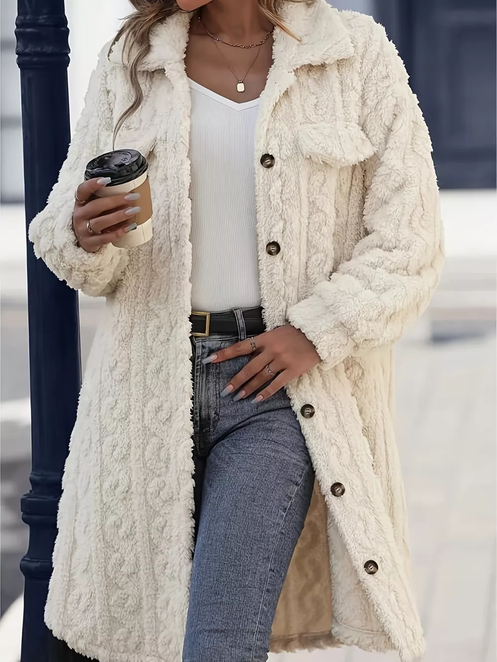 Fuzzy Button Up Long Sleeve Longline Coat, image 2
