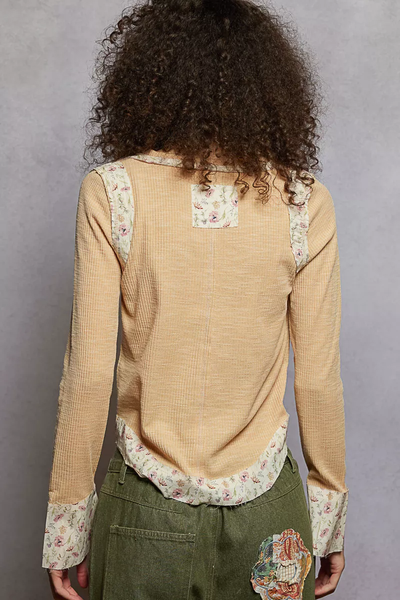Floral Patch V-Neck Long Sleeve Ribbed Top, image 4