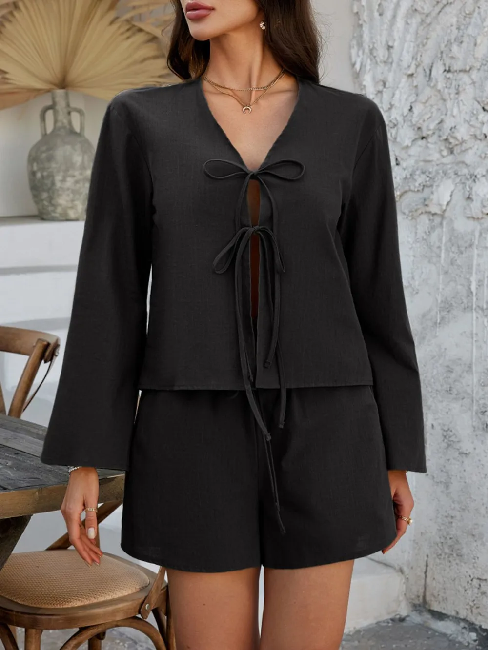 Double Tied V-Neck Top and Shorts Set, image 8