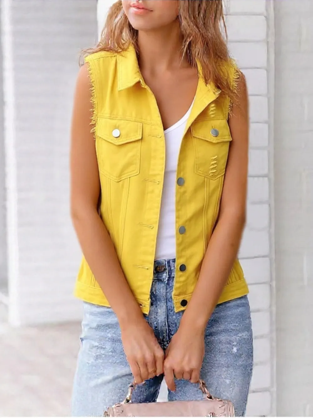 Full Size Sleeveless Frayed Denim Vest Jacket Plus Size, image 13