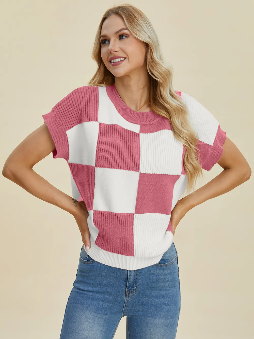 Full Size Checkered Round Neck Short Sleeve Sweater, image 20