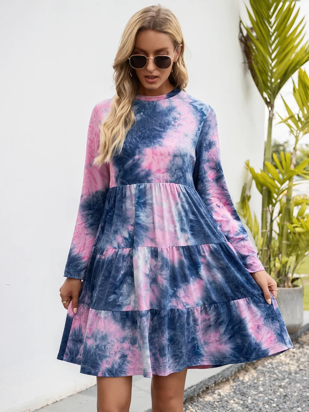 Tie-Dye Round Neck Long Sleeve Tiered Dress, image 2