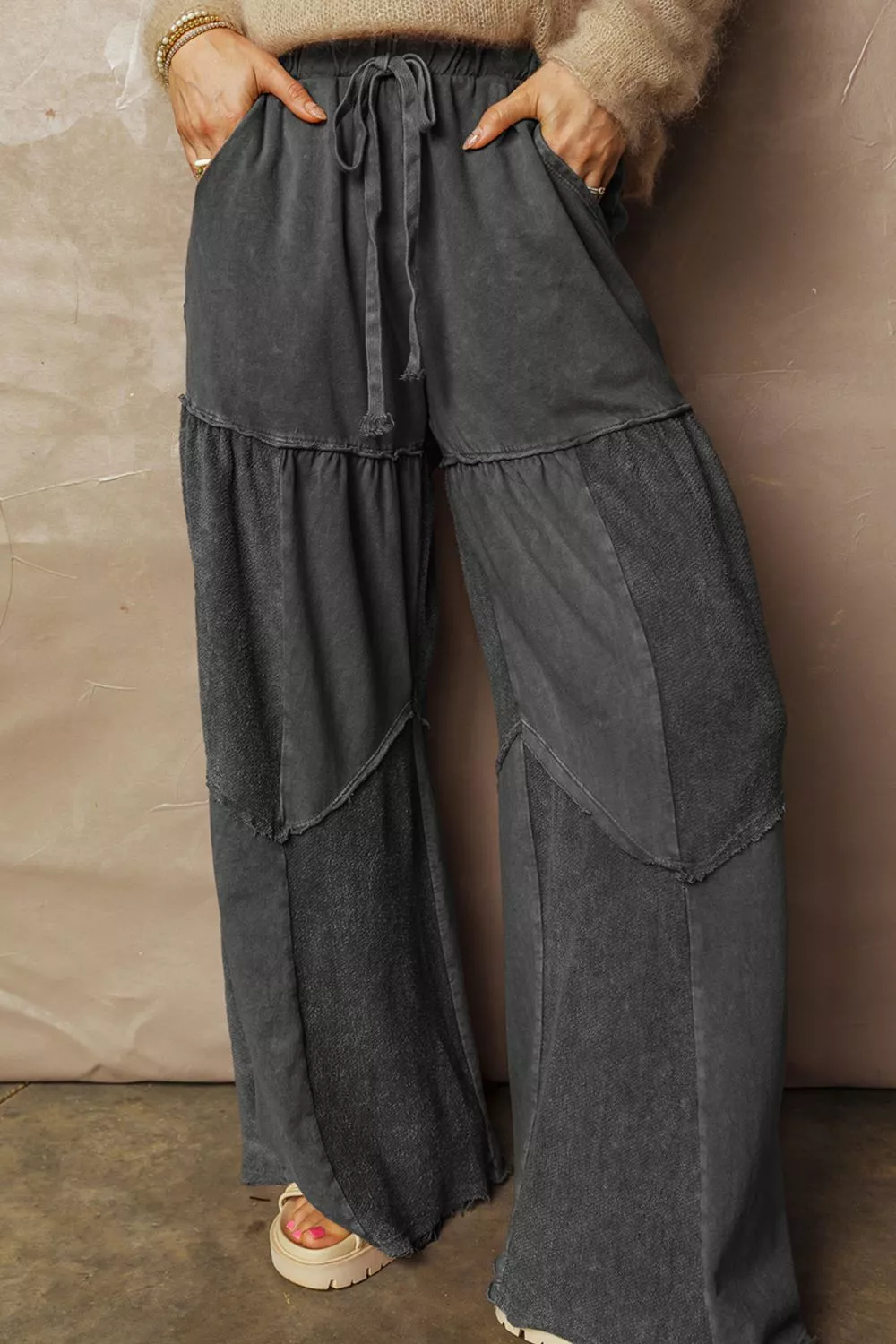 Mineral Wash Tiered Wide Leg Patchwork Drawstring Pants, image 5