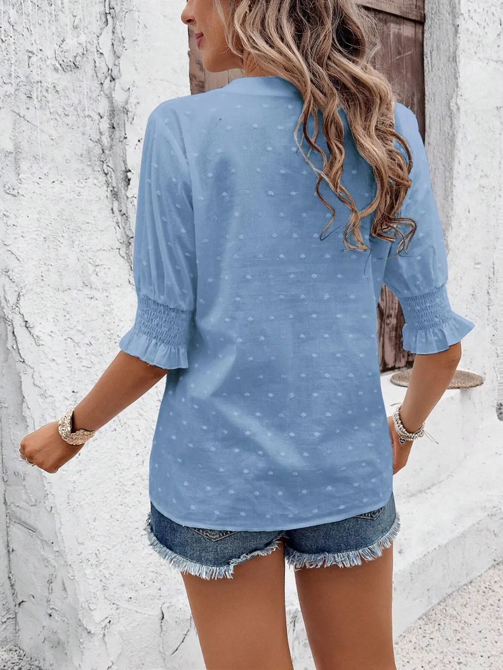 Eyelet Notched Flounce Sleeve Blouse, image 19