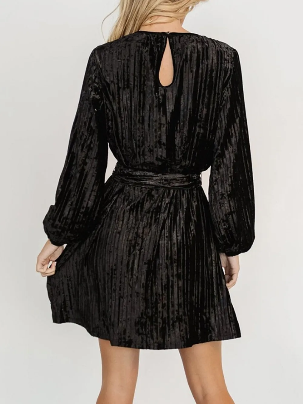 Velvet Round Neck Tie Waist Long Sleeve Mini Dress, image 15