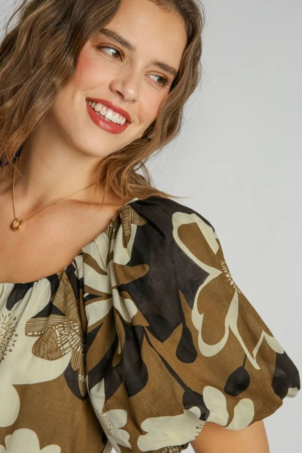 Full Size Print Round Neck Puff Sleeve Top Plus Size, image 3