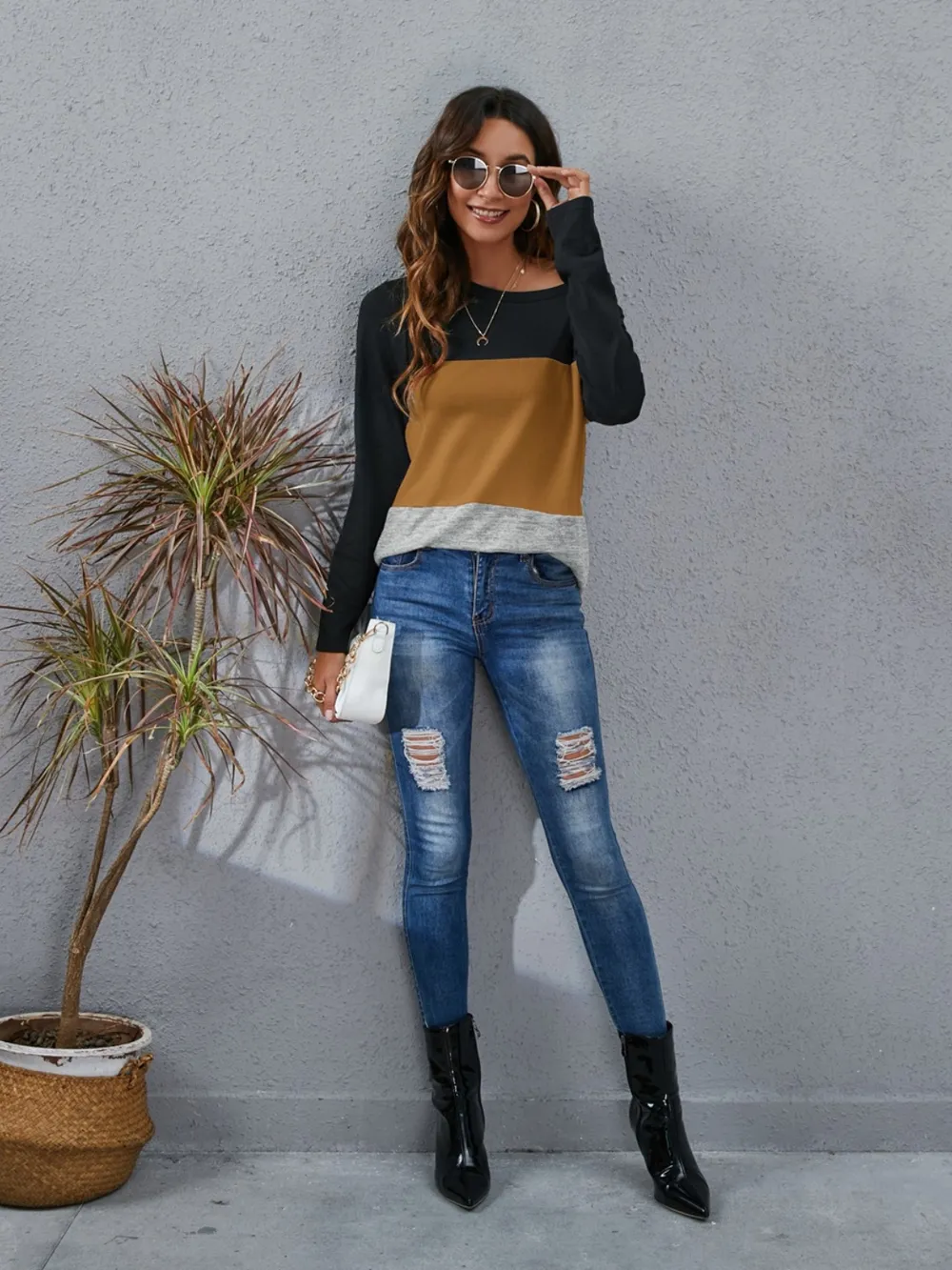 Color Block Round Neck Long Sleeve T-Shirt, image 18