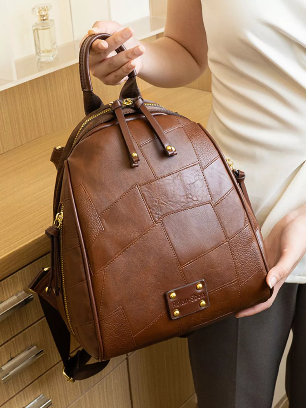 Patchwork Leather Convertible Backpack Bag, image 5