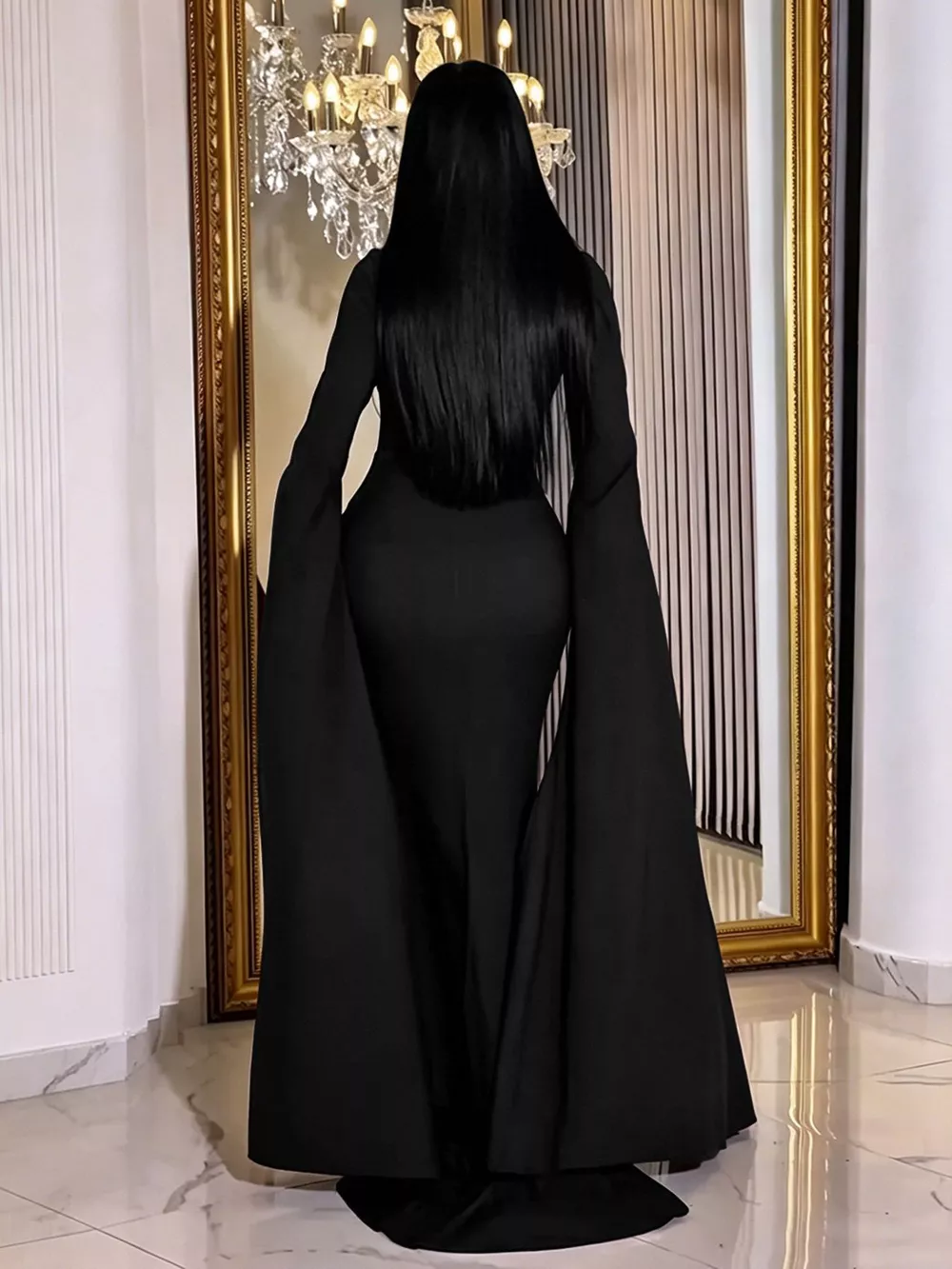 Rhinestone Slit Flare Sleeve Cape Maxi Dress, image 2