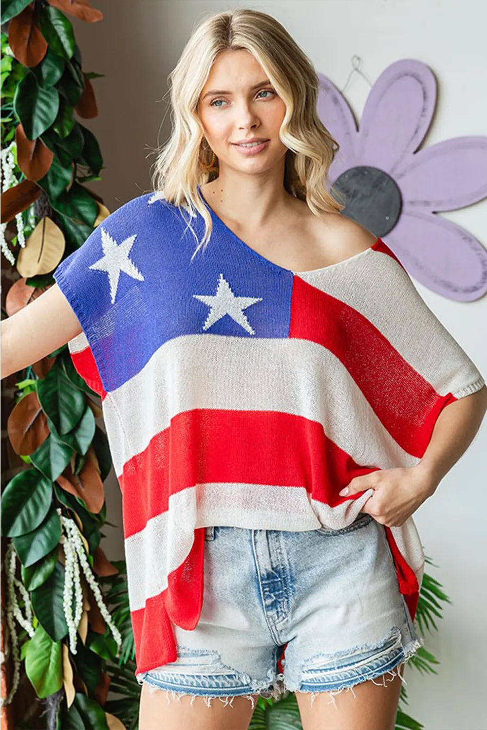 Full Size USA Flag Drop Shoulder Knit Top, image 6