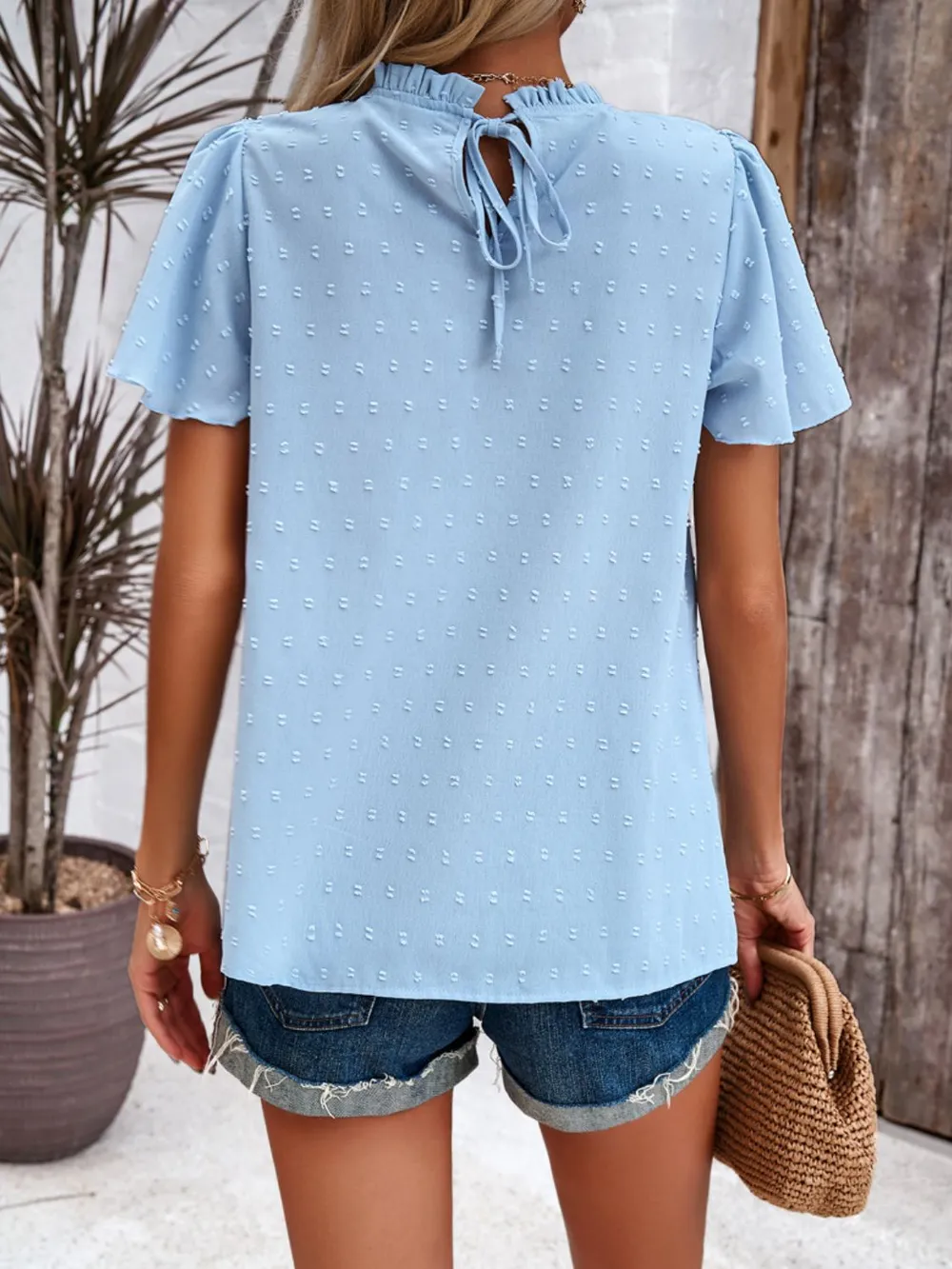 Swiss Dot Smocked Round Neck Short Sleeve Blouse, image 3