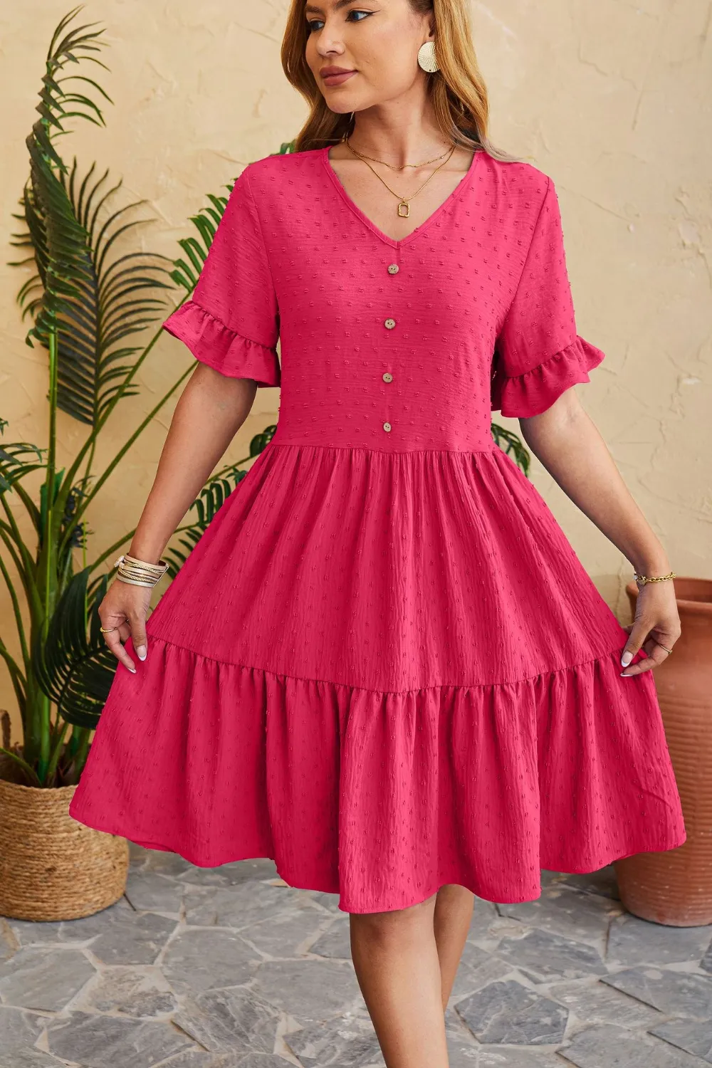 Swiss Dot Ruffled V-Neck Tiered Dress, image 2