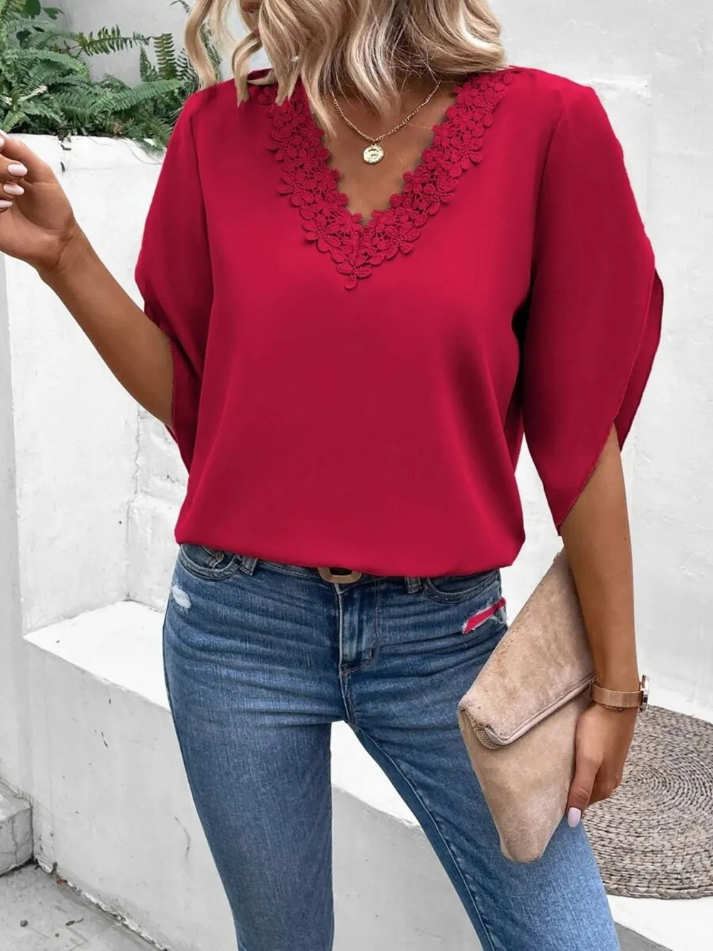 Lace Detail V-Neck Half Sleeve Blouse, image 16