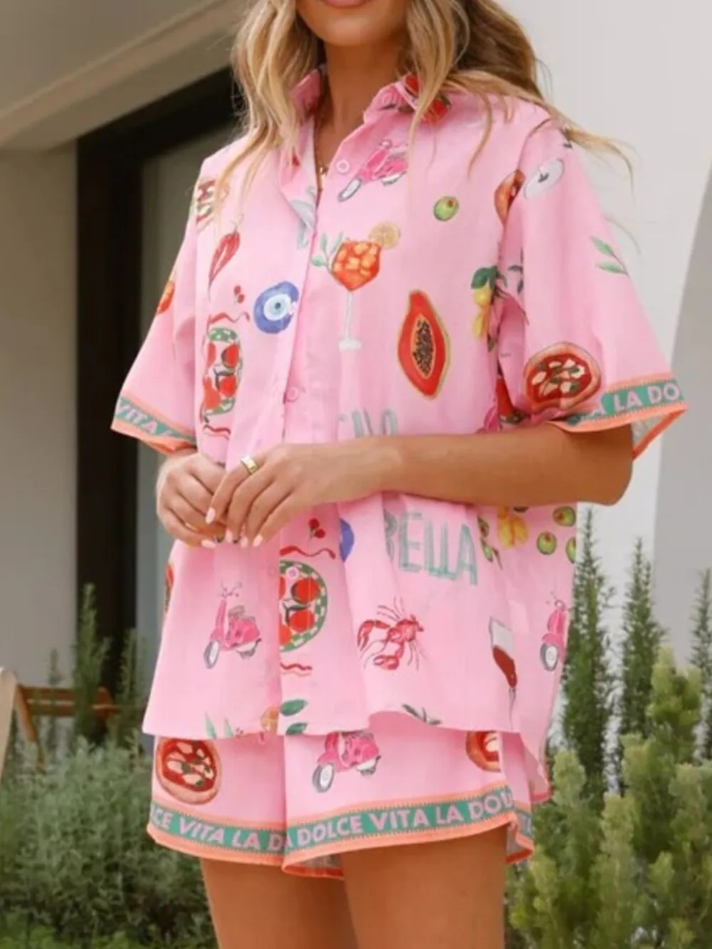 Printed Button Up Shirt and Shorts Set, image 3