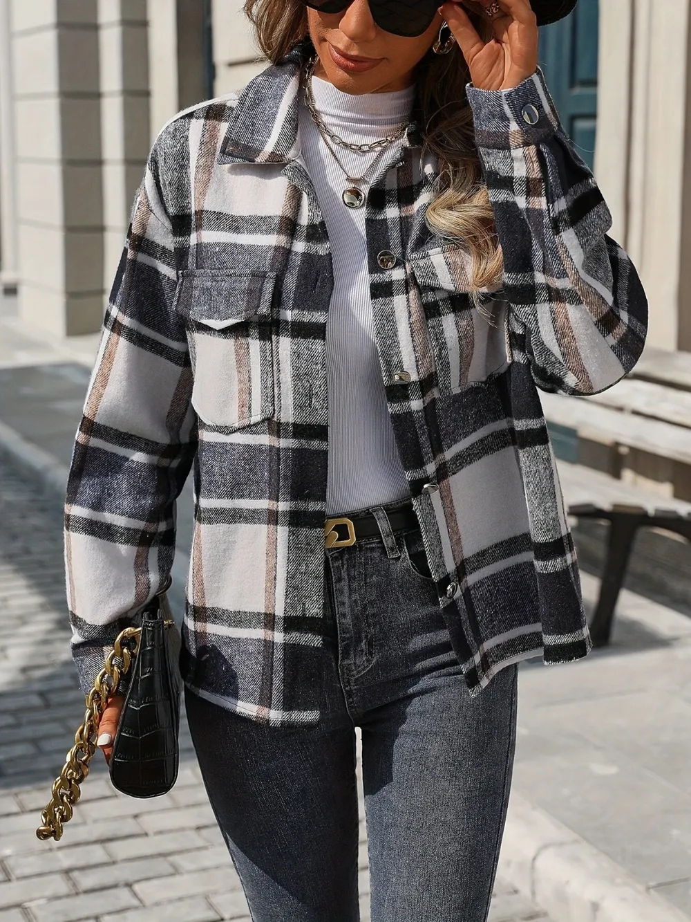 Plaid Button Up Drop Shoulder Jacket, image 2