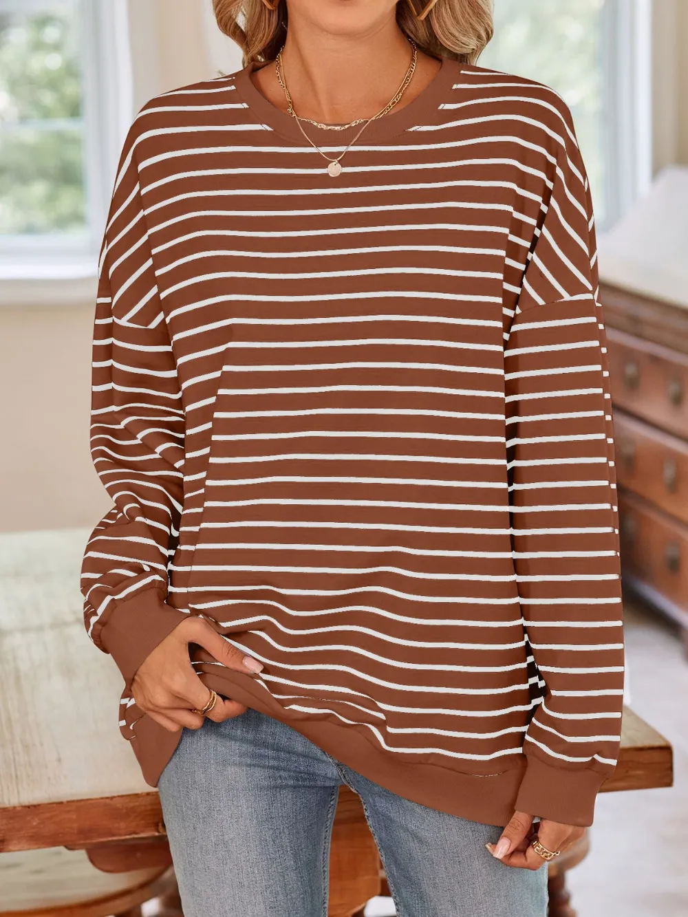 Striped Round Neck Long Sleeve Sweatshirt, image 25