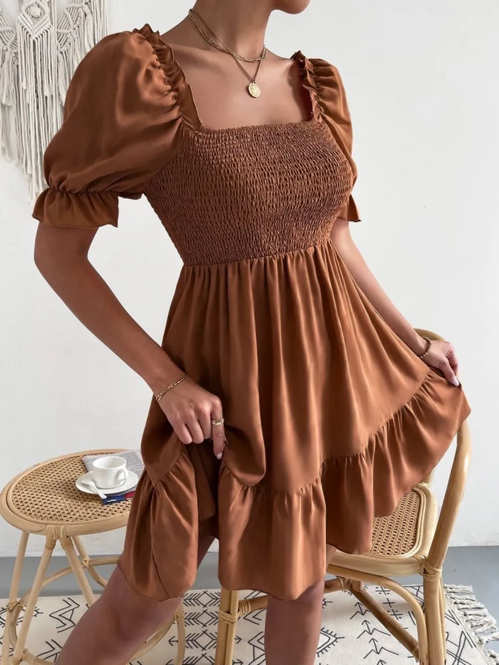 Smocked Square Neck Short Sleeve Dress, image 16