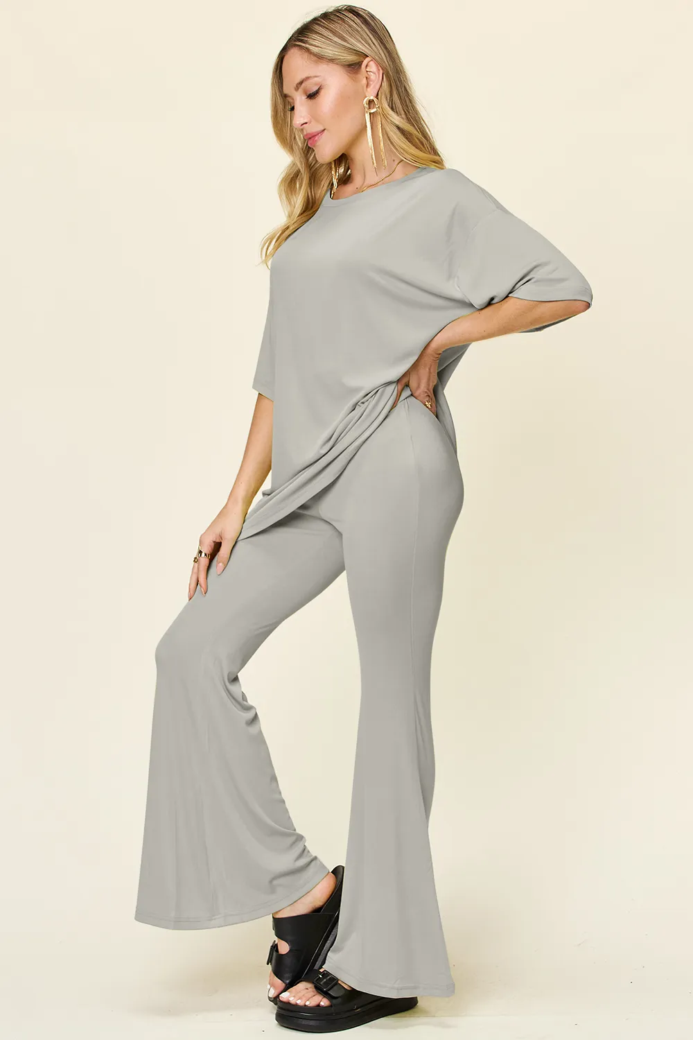 Full Size Round Neck Drop Shoulder T-Shirt and Flare Pants Set, image 17