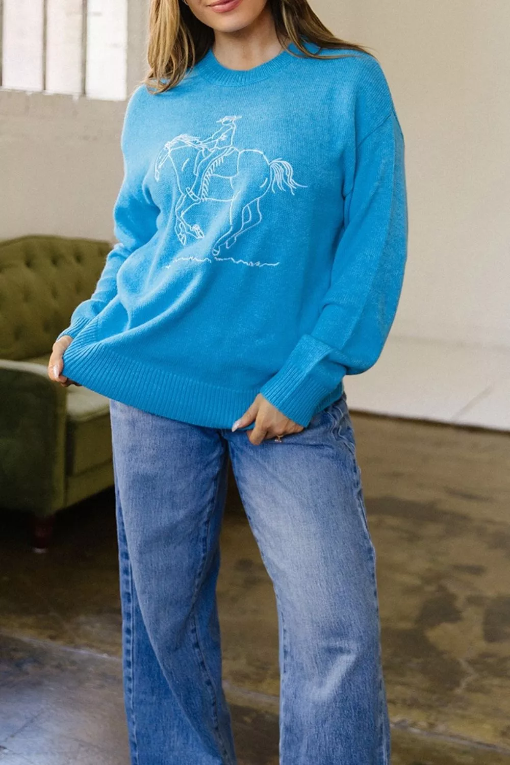 Western Embroidery Drop Shoulder Sweater, image 4