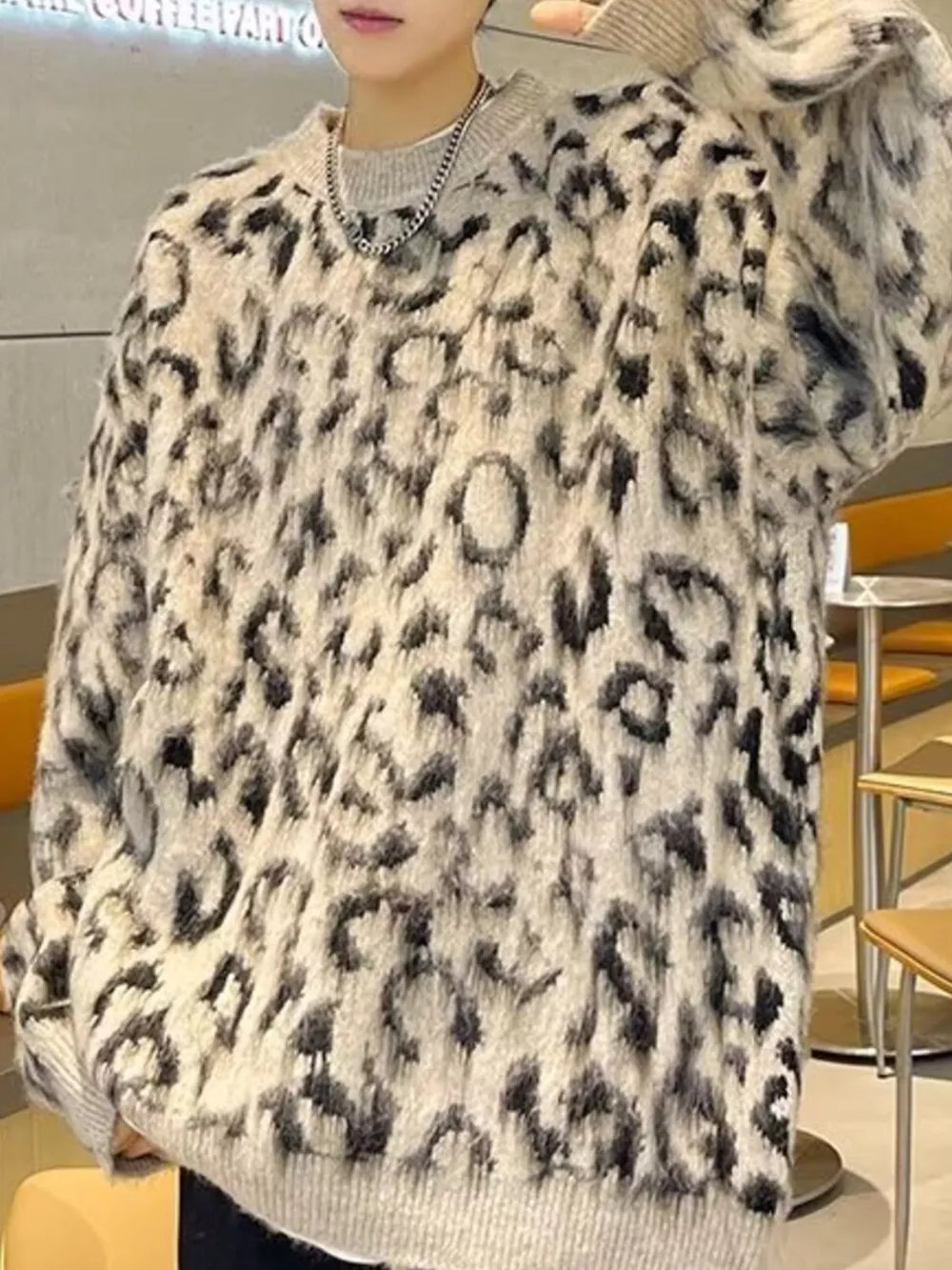 Men's Leopard Print Fuzzy Knit Pullover, image 2