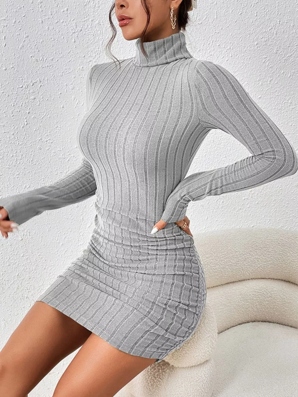 Turtleneck Ribbed Bodycon Mini Dress, image 28