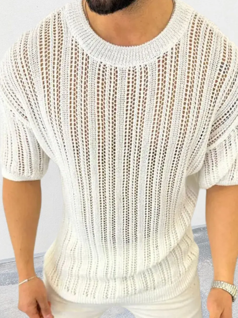 Men's Openwork Round Neck Knit T-Shirt, image 8
