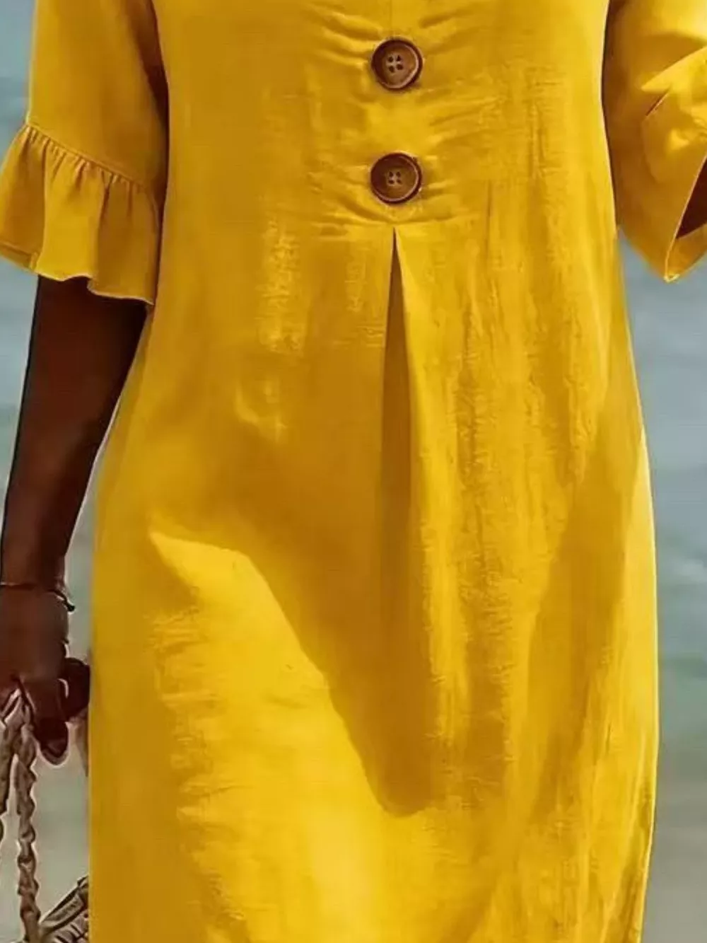 Full Size Decorative Button Ruffle Half Sleeve Dress Plus Size, image 18