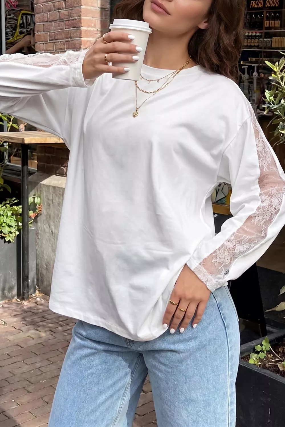 Lace Patchwork Round Neck Long Sleeve Top, image 2