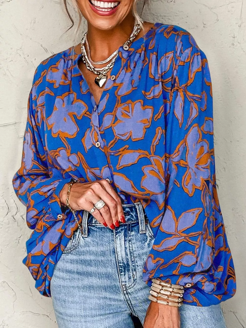 Floral Print Batwing Sleeve Buttoned Loose Fit Shirt, image 8