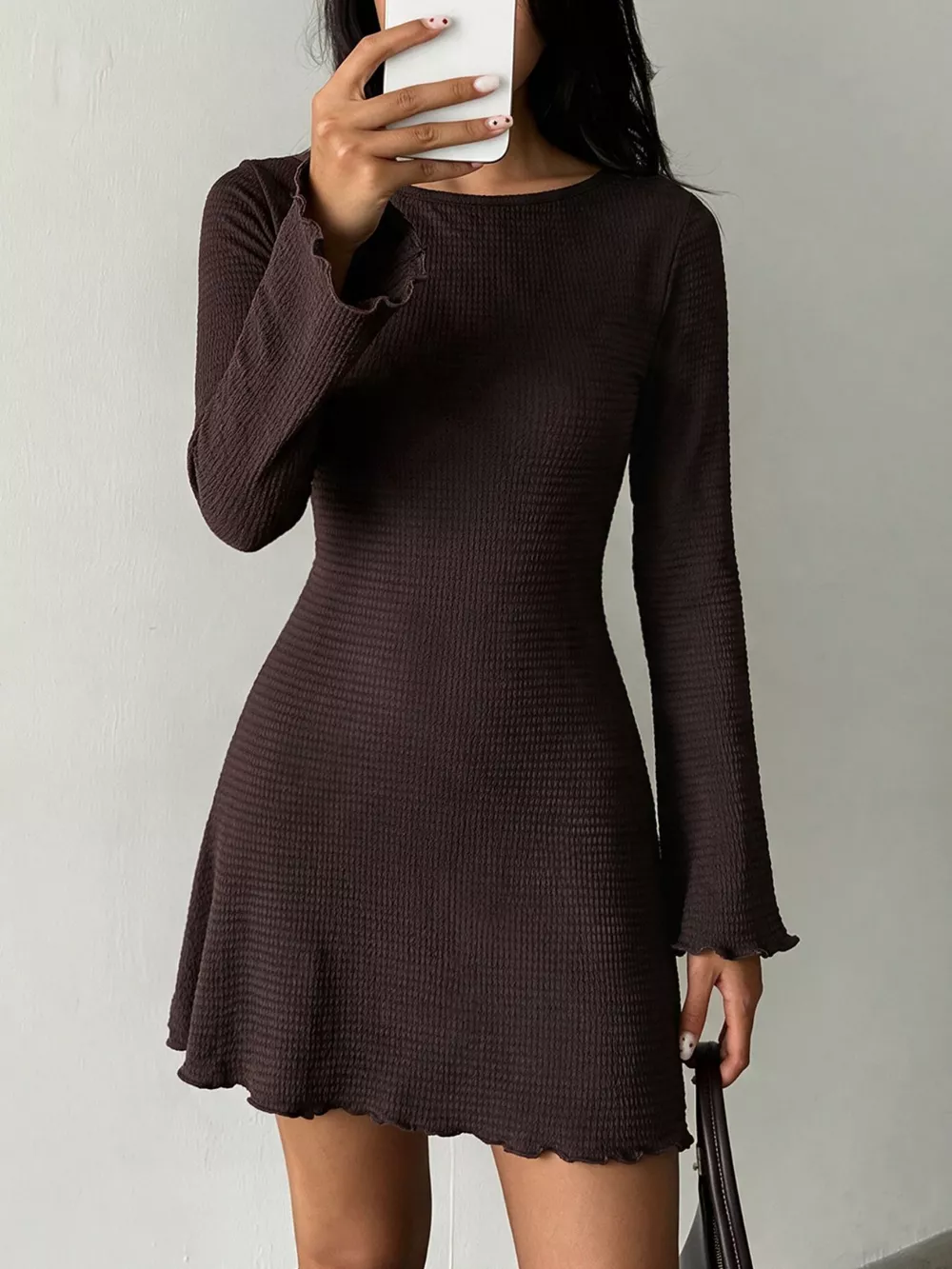 Long-Sleeve Waffle Knit Bodycon Mini Dress, image 4
