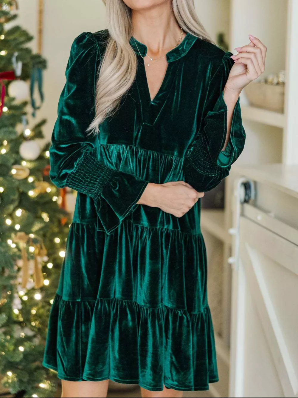 Velvet Tiered Notched Mini Dress, image 3