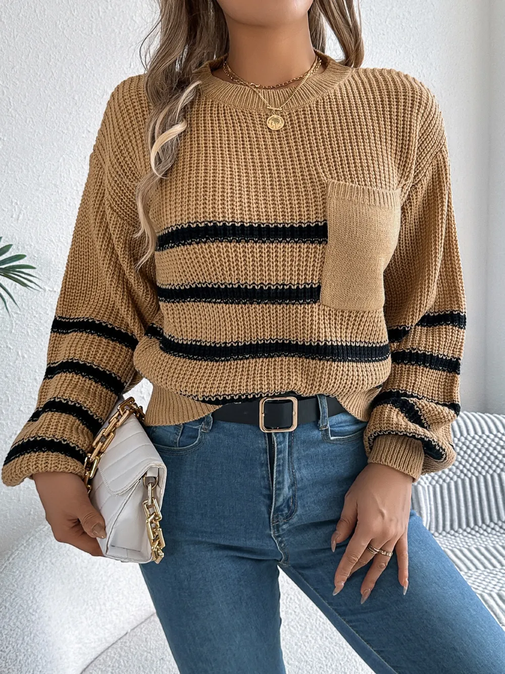 Striped Round Neck Long Sleeve Sweater, image 17