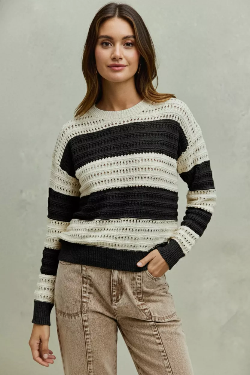 Openwork Round Neck Wide Stripe Textured Sweater, image 2