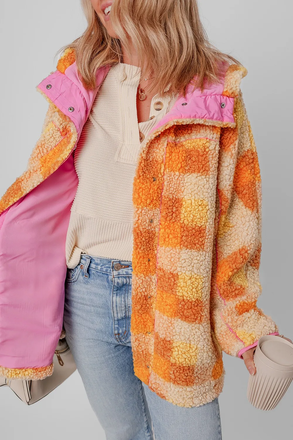 Checkered Long Sleeve Sherpa Hooded Jacket, image 13