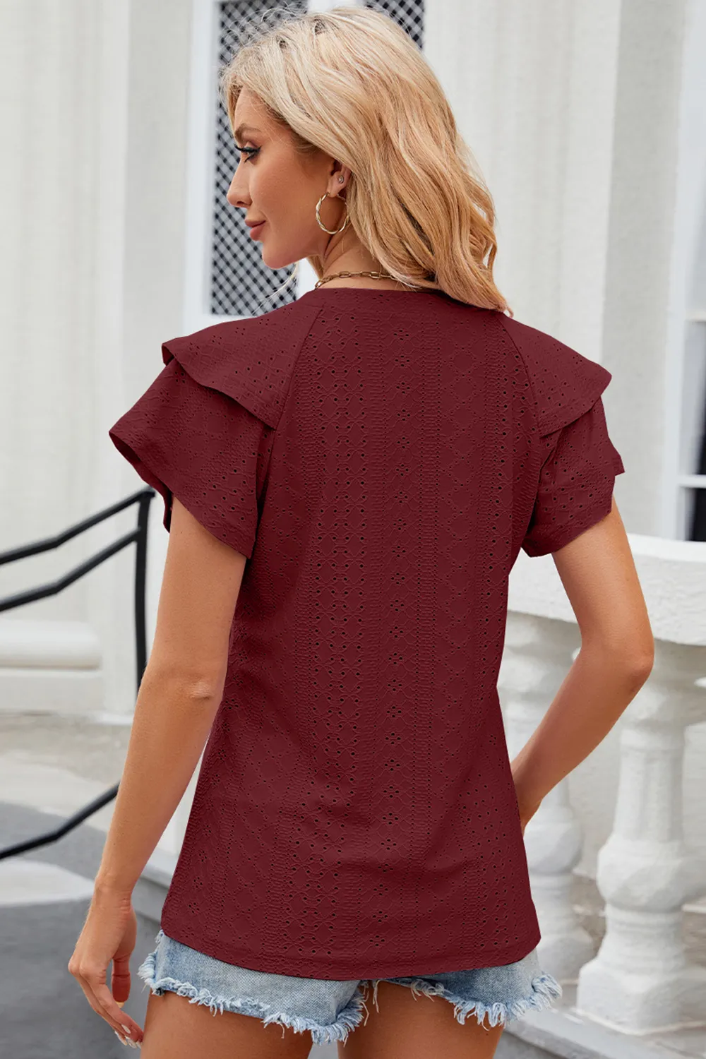 Eyelet Notched Flutter Sleeve T-Shirt, image 21