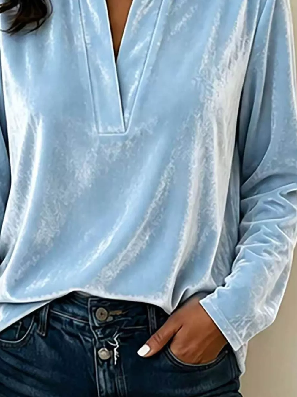 Full Size Velvet Notched Long Sleeve Blouse Plus Size, image 6