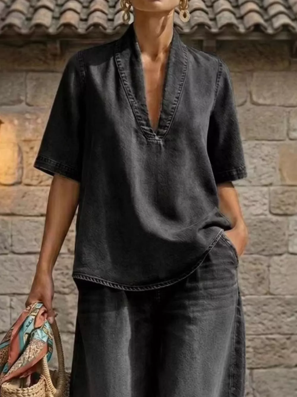 Full Size Half Sleeve Top and Wide Leg Pants Set Plus Size, image 8